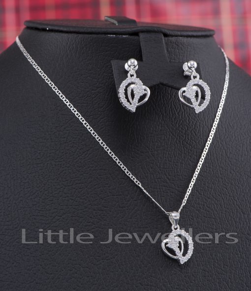 Sterling Silver Dangling Heart Shaped Earrings With A Matching Pendant