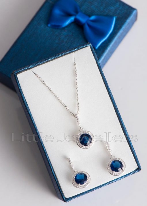sapphire blue round cut cz necklace and earrings set