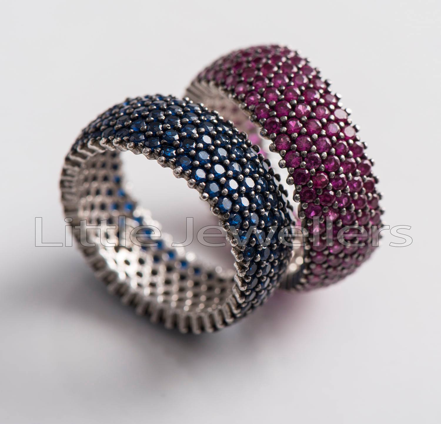 round Micro paved blue & Pink couple Rings