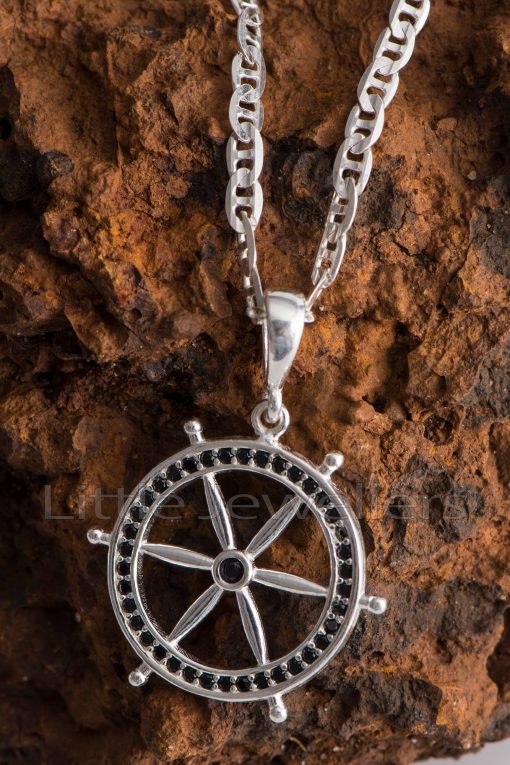 This stylish and well-detailed ship wheel necklace is crafted from solid silver and symbolizes the path of life