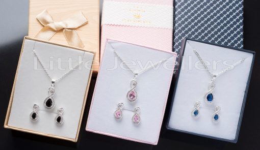 These colorful necklace sets features a shiny infinity design that is meaningful & timeless