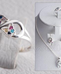 infinity shaped ring, necklace, and earrings