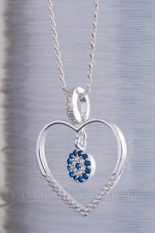 A fine and elegant 925 sterling silver heart shaped necklace with a blue charm center