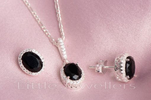 Silver Chain and Black round CZ Jewelry Set