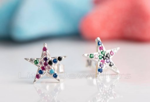 A cute pair of multicolored star shaped silver stud earrings