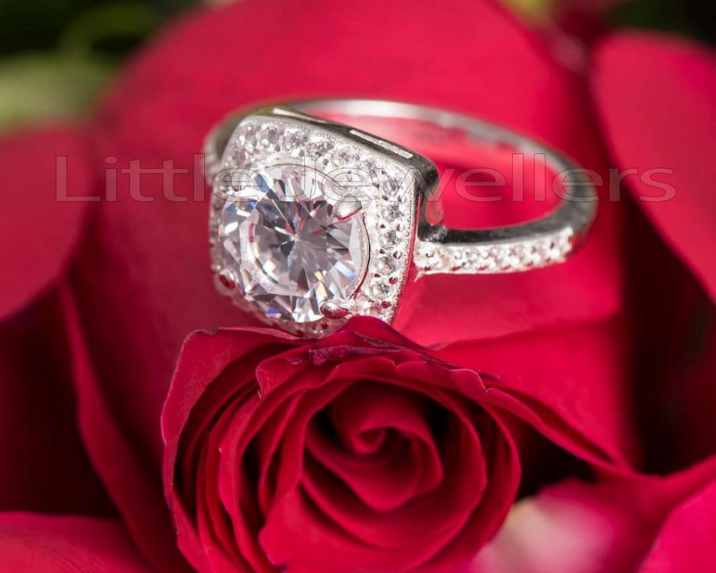 A square shaped cz engagement ring.