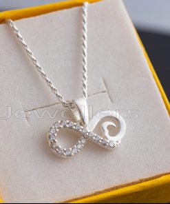 A charming infinity pendant necklace lined with shimmering cz stones & embellished with a silver accented heart symbol.