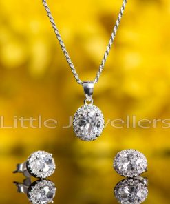 This trio features a silver pendant and matching ear studs on a delicate silver rope chain necklace.