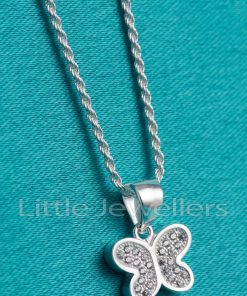 This elegant necklace features a metallic butterfly pendant necklace adorned with white cubic zirconia