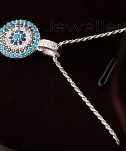 A delicate necklace that combines silver with various shades of blue to create an almost limitless color palette.