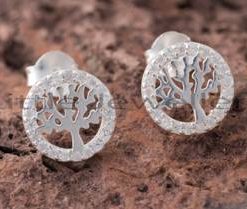 A beautiful pair of round silver earrings that features the tree of life design.