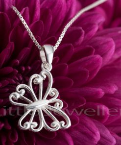 This finely crafted butterfly pendant hangs on a thin sterling silver box chain and is a lovely addition to any outfit.