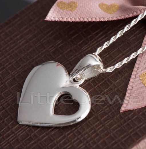 This sterling silver heart-shaped necklace has a smaller open heart at the bottom, making it a perfect choice for you.