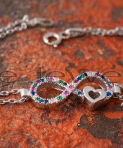 This sterling silver infinity bracelet with a variety of colored cz stones adds a feminine and modern look to any outfit.
