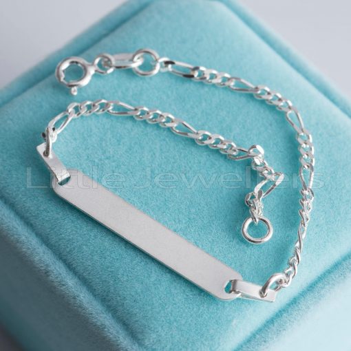 A sterling silver kids bracelet that may be engraved with a name or personal message, and it's adjustable so it can grow with your child.