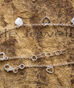 This lovely pure silver anklet with heart charms all around is a perfect gift for any occasion.
