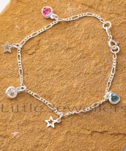 A delicate chain and tiny silver stars and hearts charms complement this sterling silver anklet.
