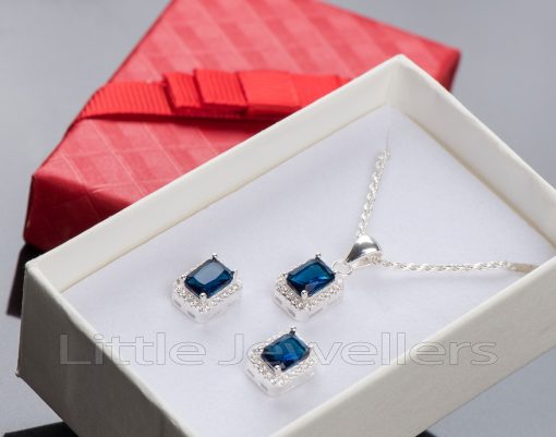 This lovely sterling silver cz sapphire earring & necklace set will captivate & enchant her.