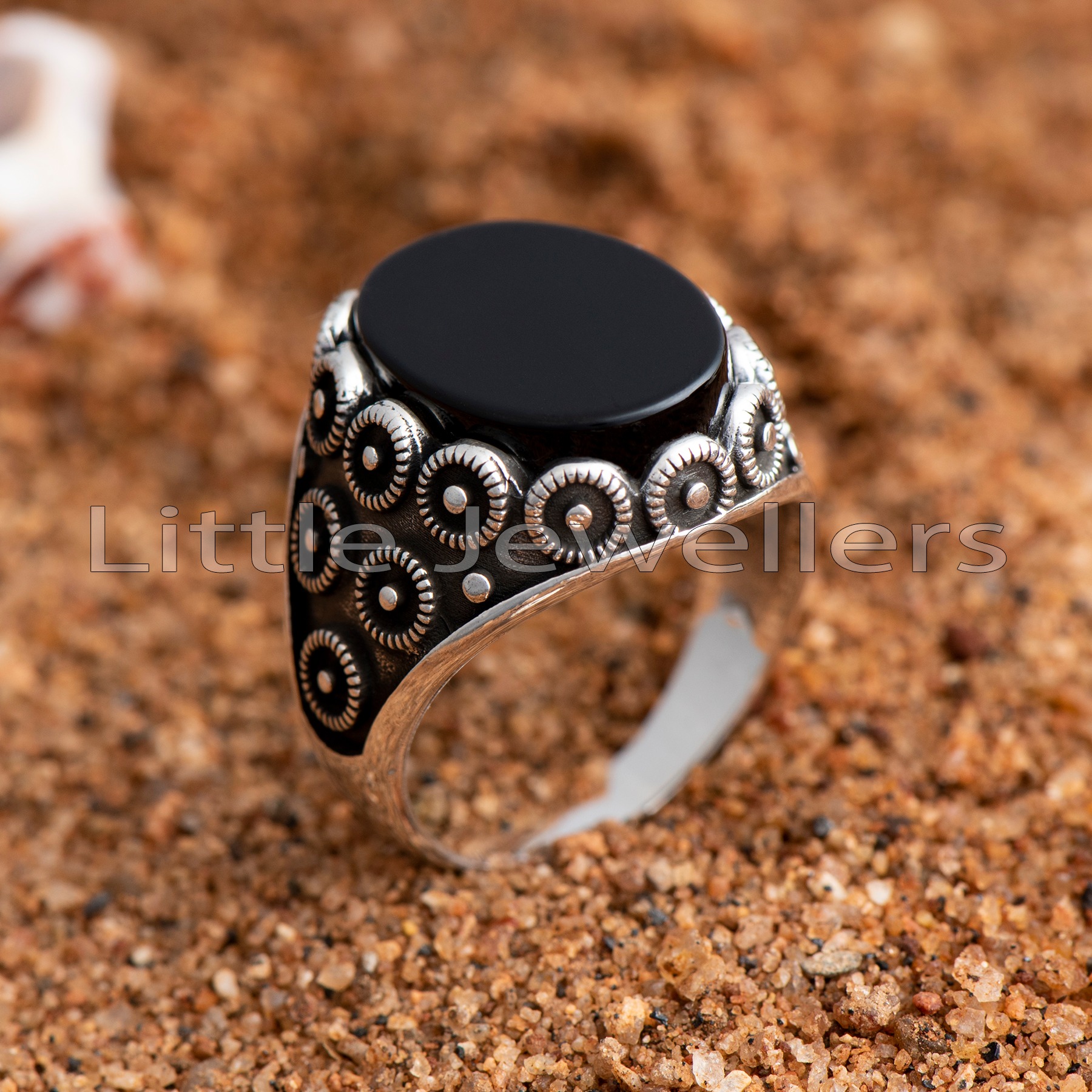 Oval Black Onyx Silver Ring With Tughra | Boutique Ottoman Exclusive